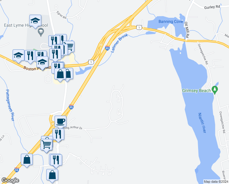 map of restaurants, bars, coffee shops, grocery stores, and more near 10A King Arthur Drive in East Lyme