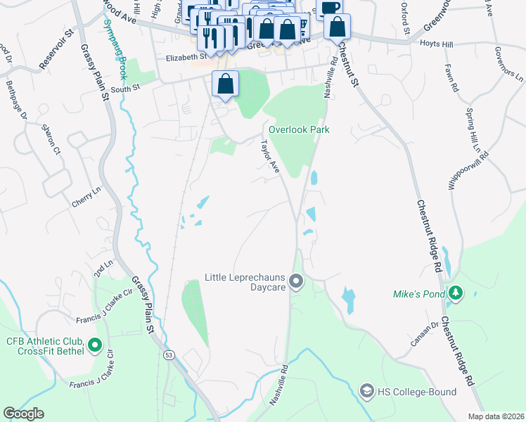 map of restaurants, bars, coffee shops, grocery stores, and more near 3 Goodhill Road in Bethel