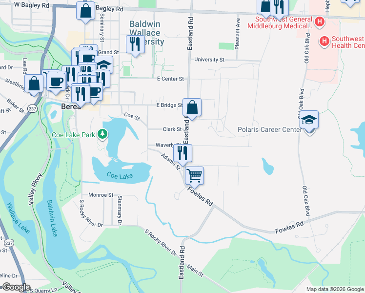 map of restaurants, bars, coffee shops, grocery stores, and more near 105 Eastland Road in Berea