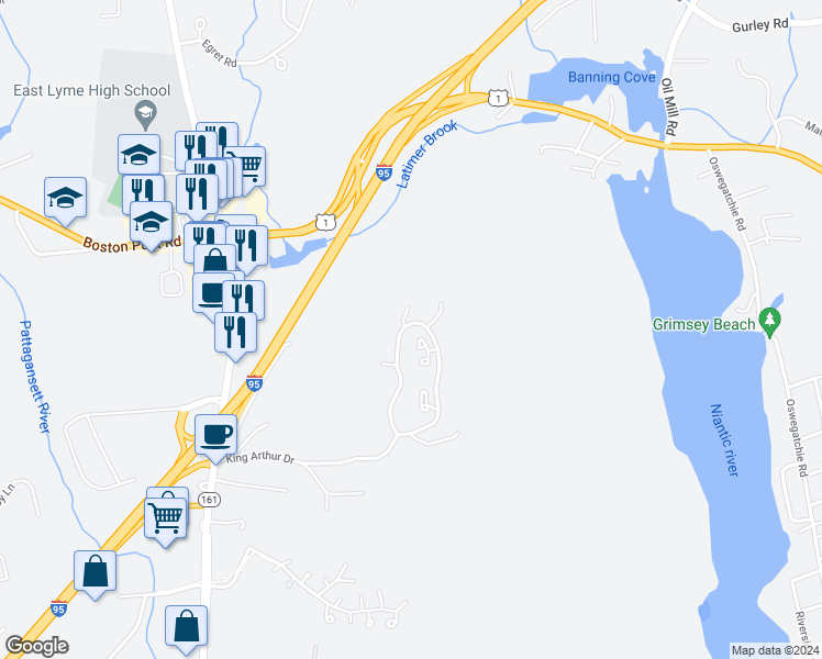 map of restaurants, bars, coffee shops, grocery stores, and more near 10A King Arthur Drive in East Lyme