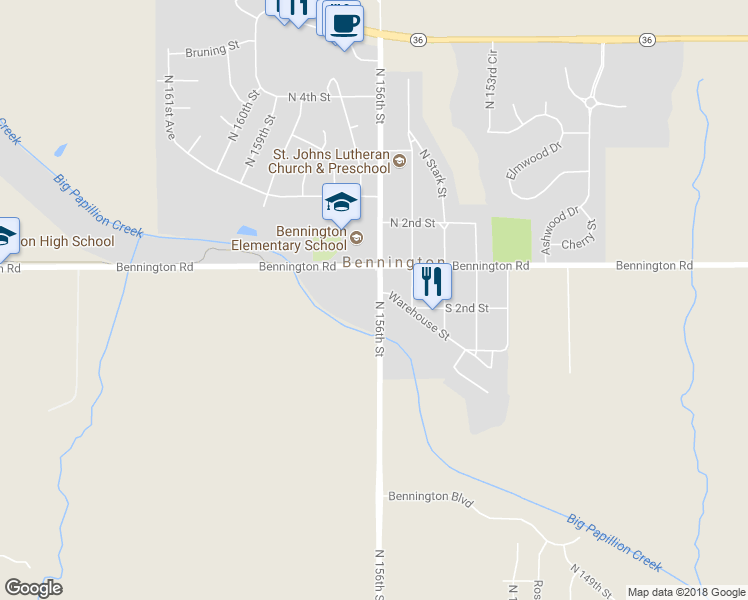 map of restaurants, bars, coffee shops, grocery stores, and more near 11410 North 156th Street in Bennington