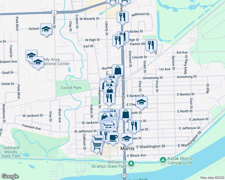 map of restaurants, bars, coffee shops, grocery stores, and more near 909 Liberty Street in Morris