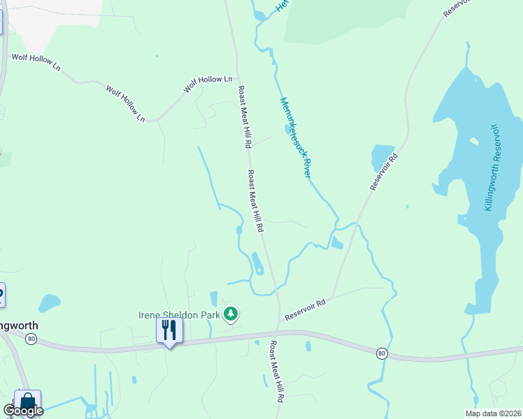 map of restaurants, bars, coffee shops, grocery stores, and more near 285 Roast Meat Hill Road in Killingworth