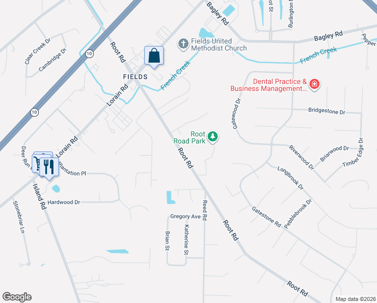 map of restaurants, bars, coffee shops, grocery stores, and more near 8767 Root Road in North Ridgeville