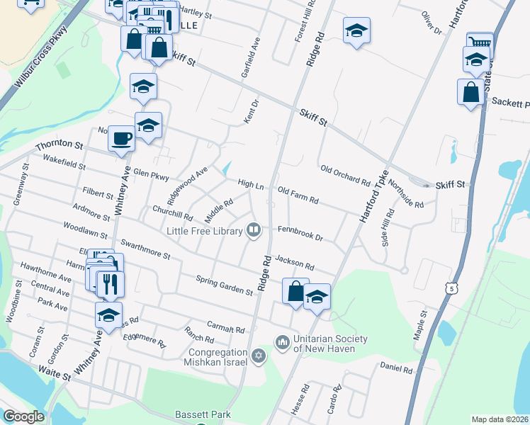 map of restaurants, bars, coffee shops, grocery stores, and more near 1080 Ridge Road in Hamden