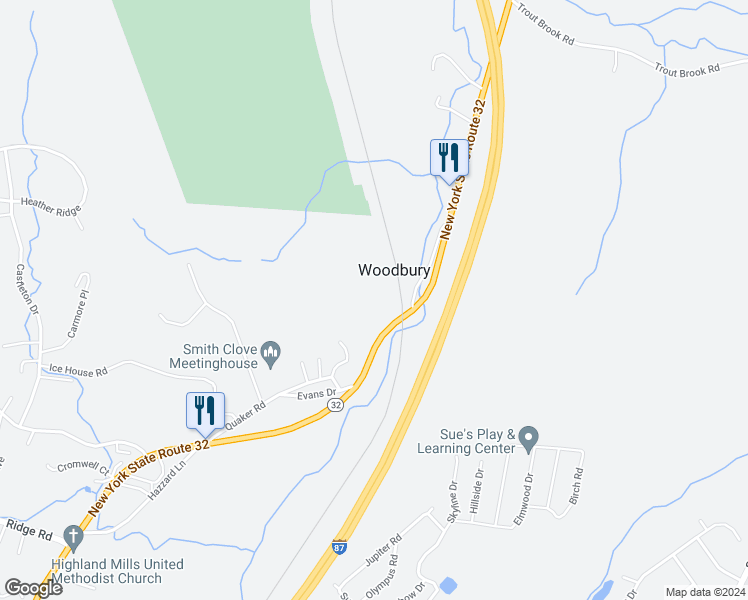map of restaurants, bars, coffee shops, grocery stores, and more near 869 New York 32 in Woodbury