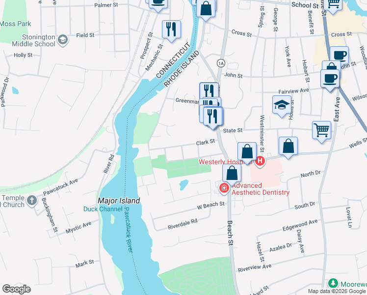 map of restaurants, bars, coffee shops, grocery stores, and more near 28 Clark Street in Westerly