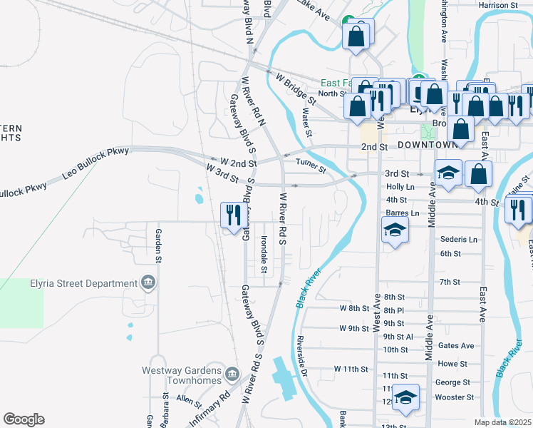 map of restaurants, bars, coffee shops, grocery stores, and more near 121 West River Road North in Elyria