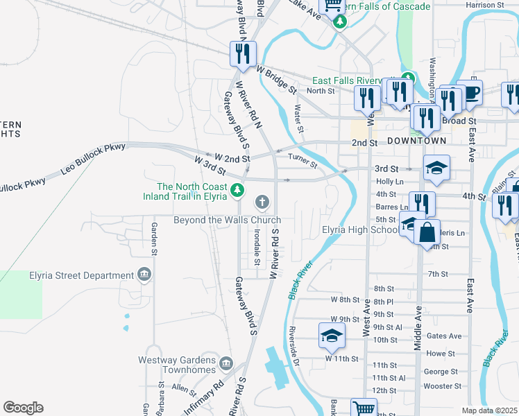 map of restaurants, bars, coffee shops, grocery stores, and more near 121 West River Road North in Elyria