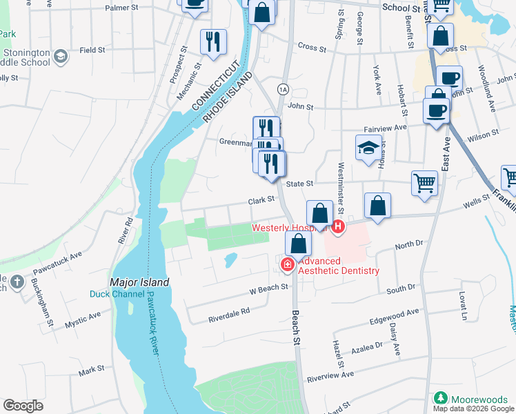 map of restaurants, bars, coffee shops, grocery stores, and more near 8 Clark Street in Westerly