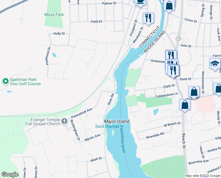 map of restaurants, bars, coffee shops, grocery stores, and more near 20 Clark Street in Stonington