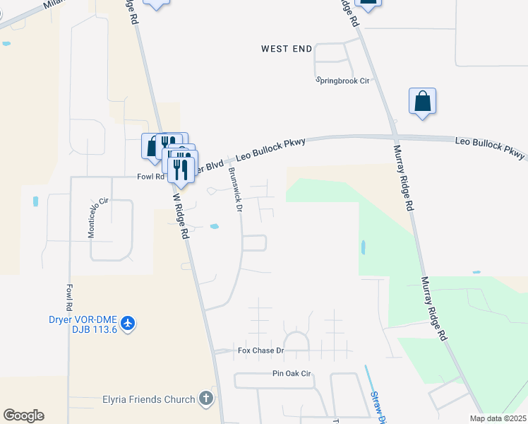 map of restaurants, bars, coffee shops, grocery stores, and more near 103 Cheshire Drive in Elyria