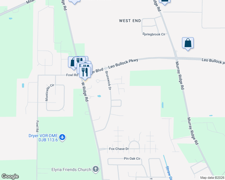 map of restaurants, bars, coffee shops, grocery stores, and more near 229 Brunswick Drive in Elyria