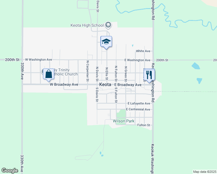 map of restaurants, bars, coffee shops, grocery stores, and more near 112 E Broadway Ave in Keota