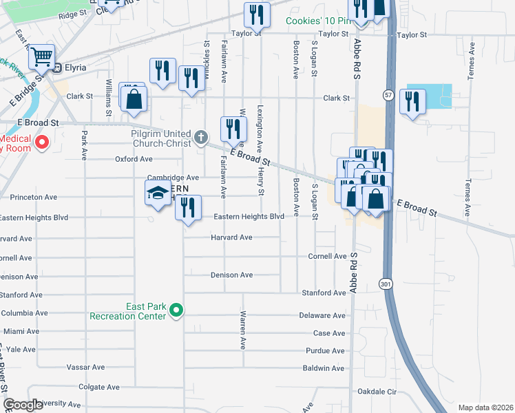map of restaurants, bars, coffee shops, grocery stores, and more near 509 Henry Street in Elyria