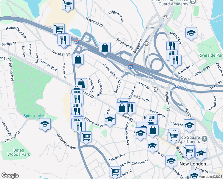 map of restaurants, bars, coffee shops, grocery stores, and more near 202 Vauxhall Street in New London