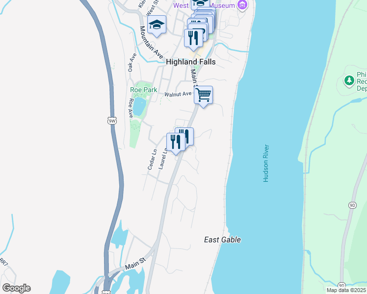 map of restaurants, bars, coffee shops, grocery stores, and more near Main Street in Highland Falls