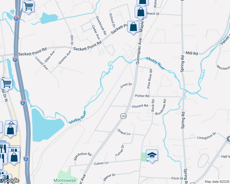 map of restaurants, bars, coffee shops, grocery stores, and more near 73 Sackett Point Road in North Haven
