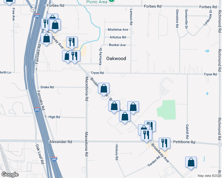 map of restaurants, bars, coffee shops, grocery stores, and more near 24579 Broadway Avenue in Bedford
