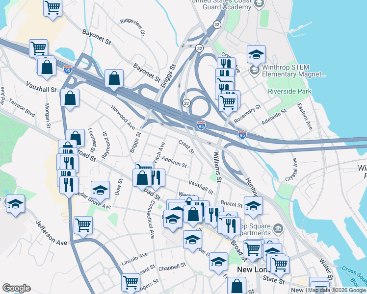 map of restaurants, bars, coffee shops, grocery stores, and more near 34 Crest Street in New London