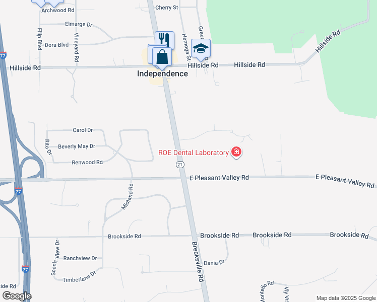 map of restaurants, bars, coffee shops, grocery stores, and more near 7287 Brecksville Road in Independence