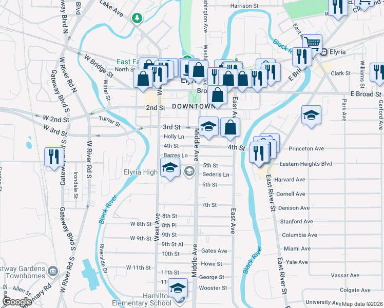 map of restaurants, bars, coffee shops, grocery stores, and more near 409 Middle Avenue in Elyria