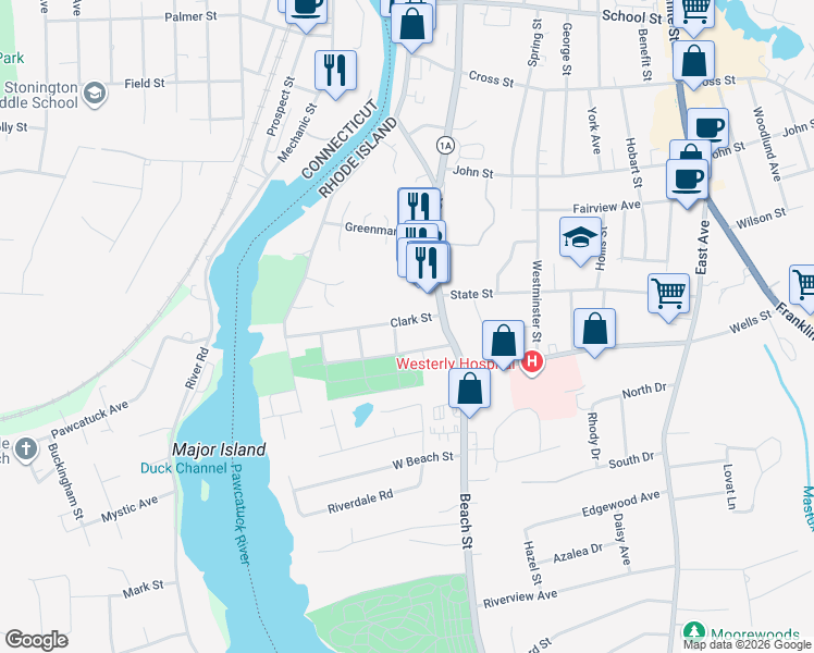 map of restaurants, bars, coffee shops, grocery stores, and more near 8 Clark Street in Westerly
