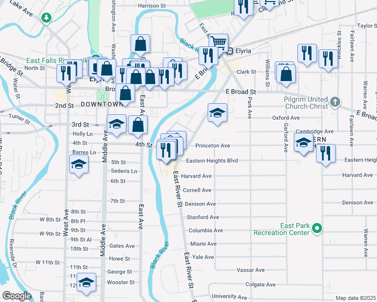 map of restaurants, bars, coffee shops, grocery stores, and more near 105 Princeton Avenue in Elyria
