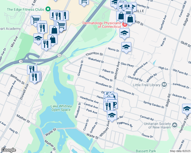 map of restaurants, bars, coffee shops, grocery stores, and more near 85 Ardmore Street in Hamden