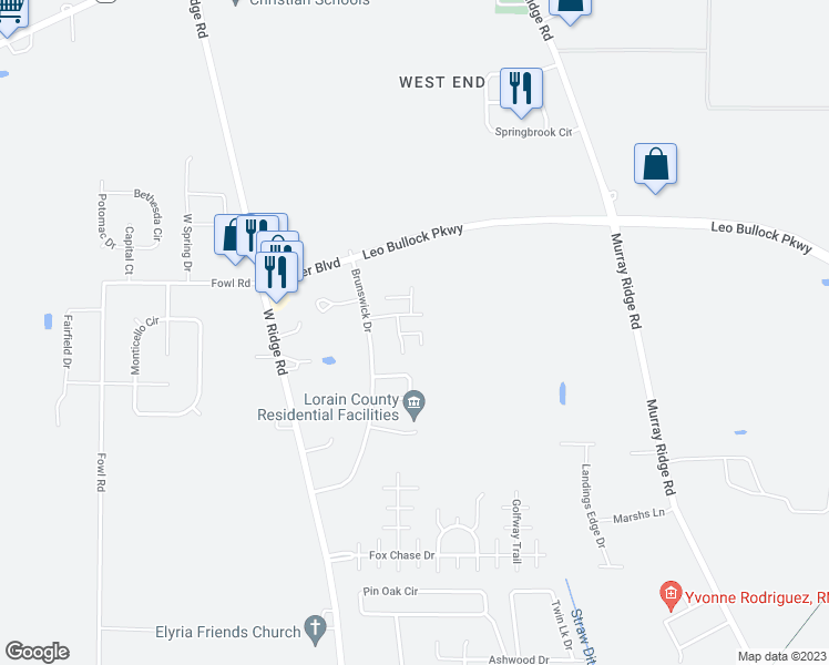 map of restaurants, bars, coffee shops, grocery stores, and more near 120 Warwick Drive in Elyria