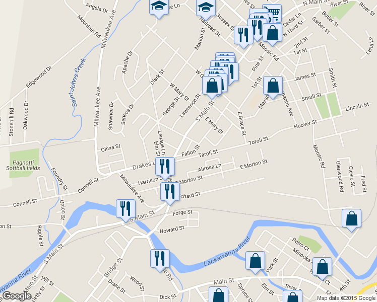 map of restaurants, bars, coffee shops, grocery stores, and more near 712 Fallon Street in Old Forge