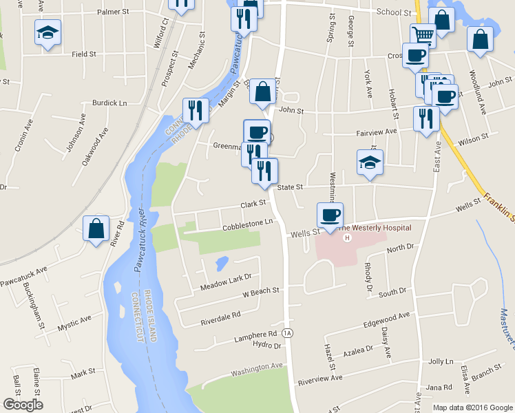 map of restaurants, bars, coffee shops, grocery stores, and more near 8 Clark Street in Westerly