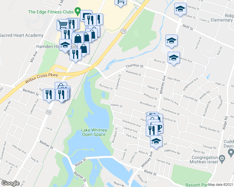 map of restaurants, bars, coffee shops, grocery stores, and more near 163 Woodlawn Street in Hamden