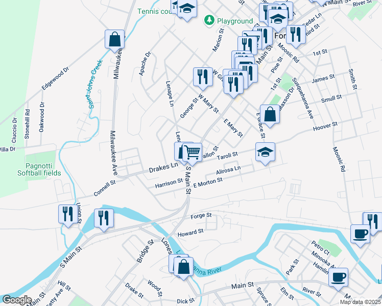 map of restaurants, bars, coffee shops, grocery stores, and more near 114 Foster Street in Old Forge