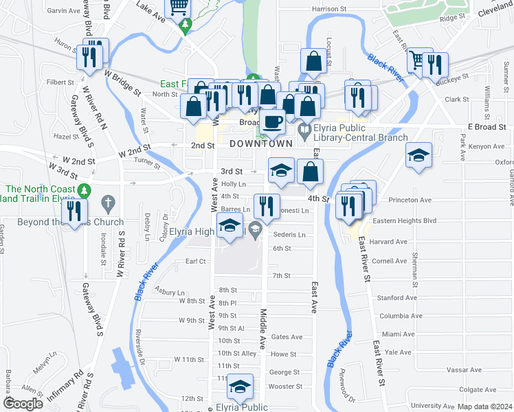 map of restaurants, bars, coffee shops, grocery stores, and more near 402 Middle Avenue in Elyria