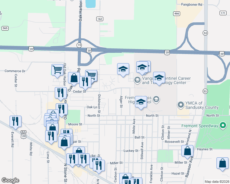 map of restaurants, bars, coffee shops, grocery stores, and more near 1509 Cedar St in Fremont