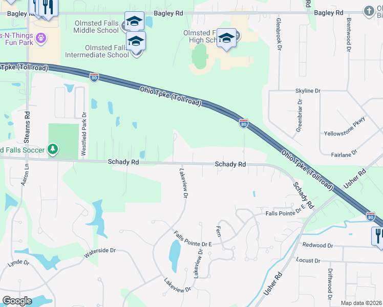 map of restaurants, bars, coffee shops, grocery stores, and more near 26970 Schady Road in Cuyahoga County