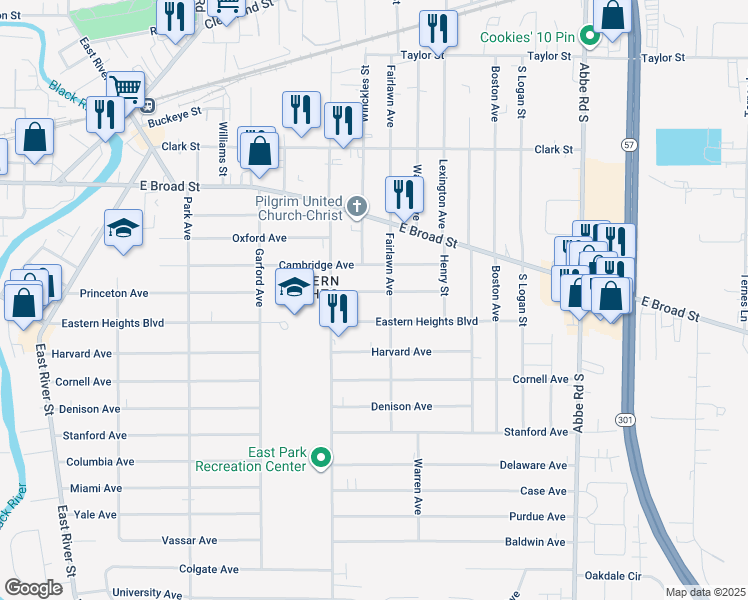 map of restaurants, bars, coffee shops, grocery stores, and more near 523 Princeton Avenue in Elyria