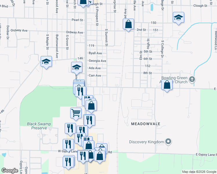 map of restaurants, bars, coffee shops, grocery stores, and more near 300 East Napoleon Road in Bowling Green