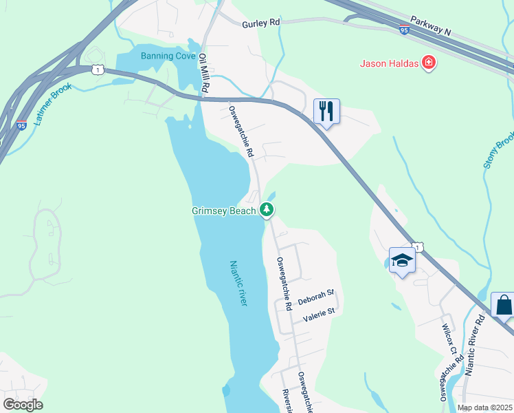 map of restaurants, bars, coffee shops, grocery stores, and more near 41 Oswegatchie Road in Waterford