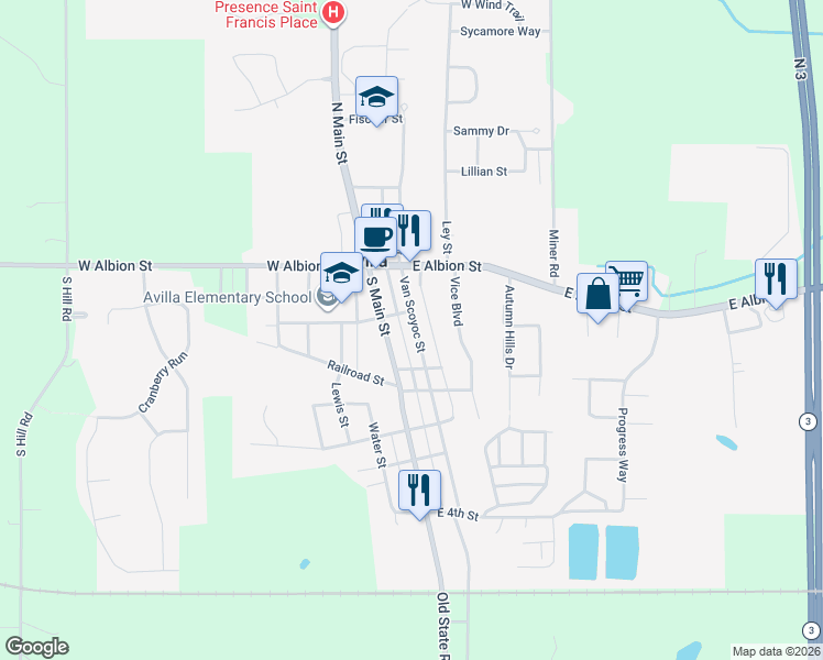 map of restaurants, bars, coffee shops, grocery stores, and more near 212 Van Scoyoc Street in Avilla