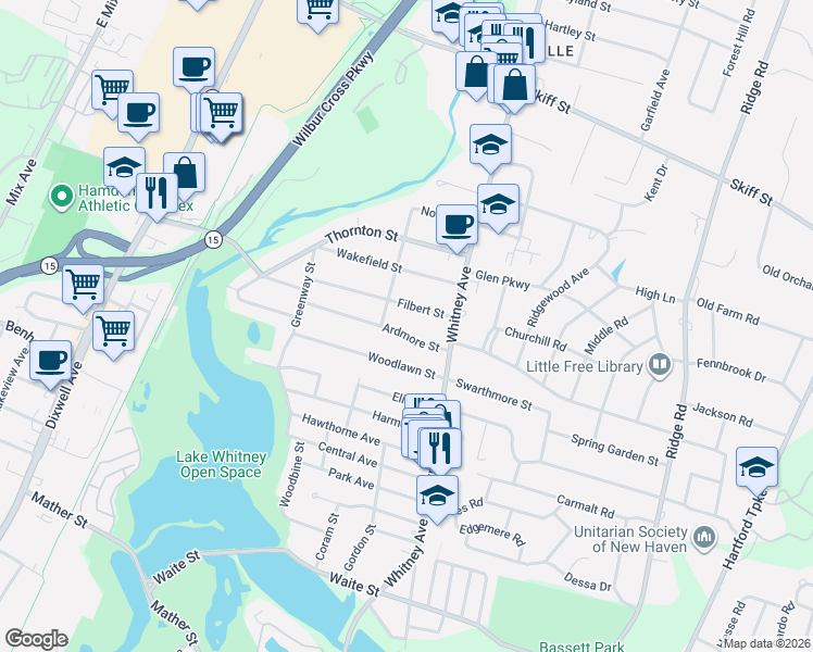 map of restaurants, bars, coffee shops, grocery stores, and more near 49 Ardmore Street in Hamden