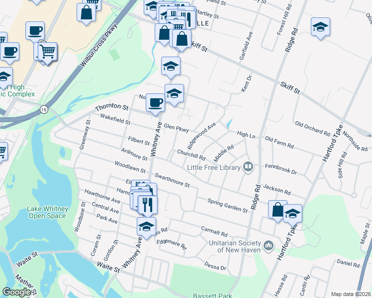 map of restaurants, bars, coffee shops, grocery stores, and more near 22 Churchill Road in Hamden