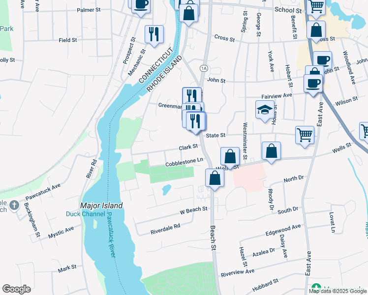 map of restaurants, bars, coffee shops, grocery stores, and more near 8 Clark Street in Westerly