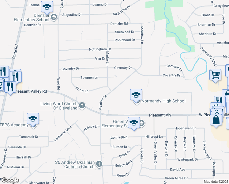 map of restaurants, bars, coffee shops, grocery stores, and more near 7427 Meadow Lane in Parma