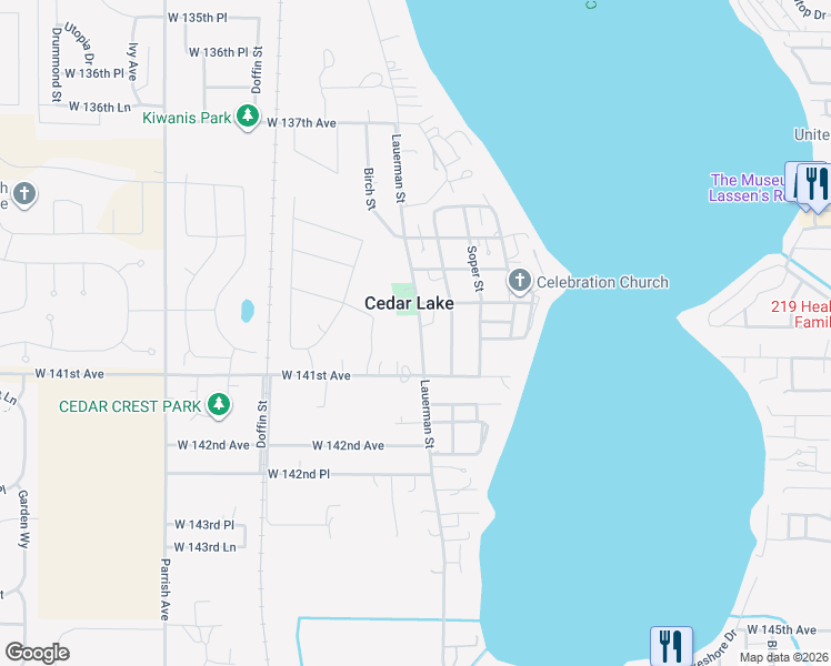 map of restaurants, bars, coffee shops, grocery stores, and more near 13948 Lauerman Street in Cedar Lake