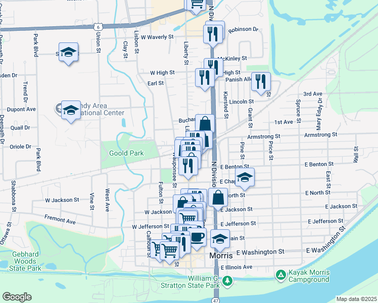 map of restaurants, bars, coffee shops, grocery stores, and more near 909 Liberty Street in Morris
