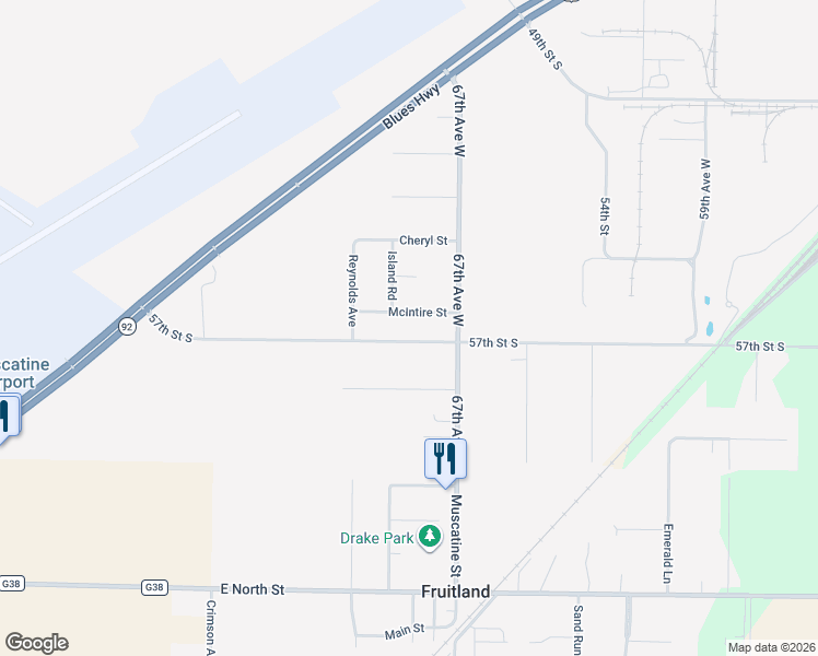 map of restaurants, bars, coffee shops, grocery stores, and more near 6810 McIntire Street in Muscatine