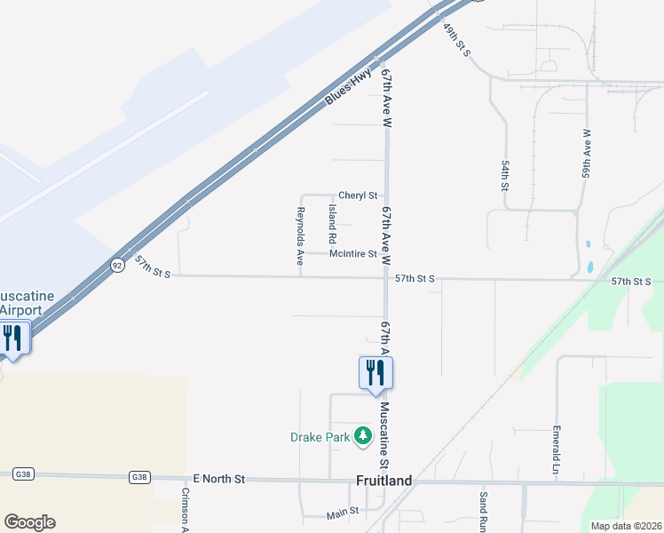 map of restaurants, bars, coffee shops, grocery stores, and more near 6810 McIntire Street in Muscatine