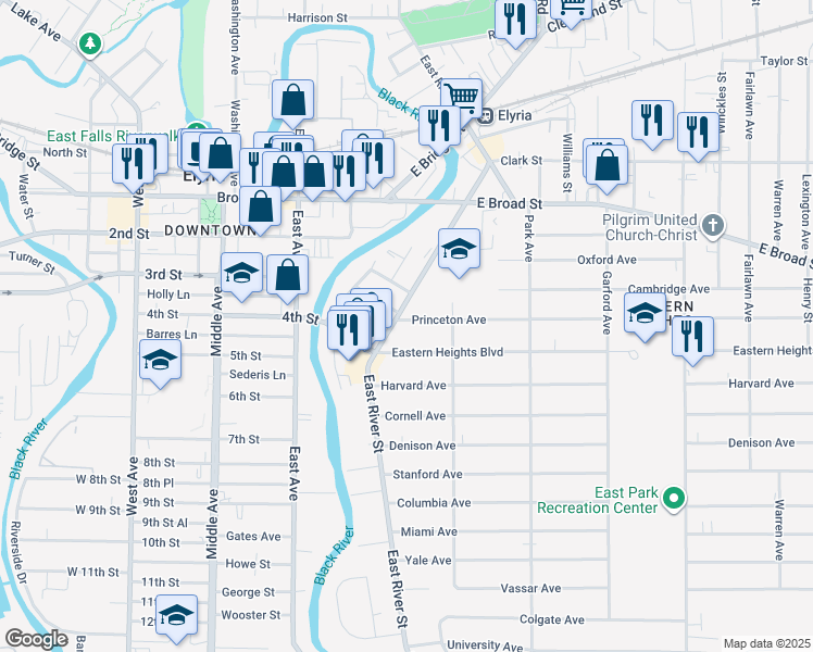 map of restaurants, bars, coffee shops, grocery stores, and more near 105 Princeton Avenue in Elyria